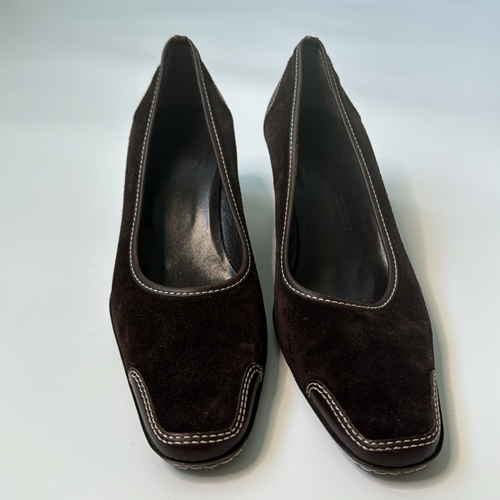 LUCA LUCA Brown Suede Pump Shoes, Exposed White Stitch, Business Casual Size 10